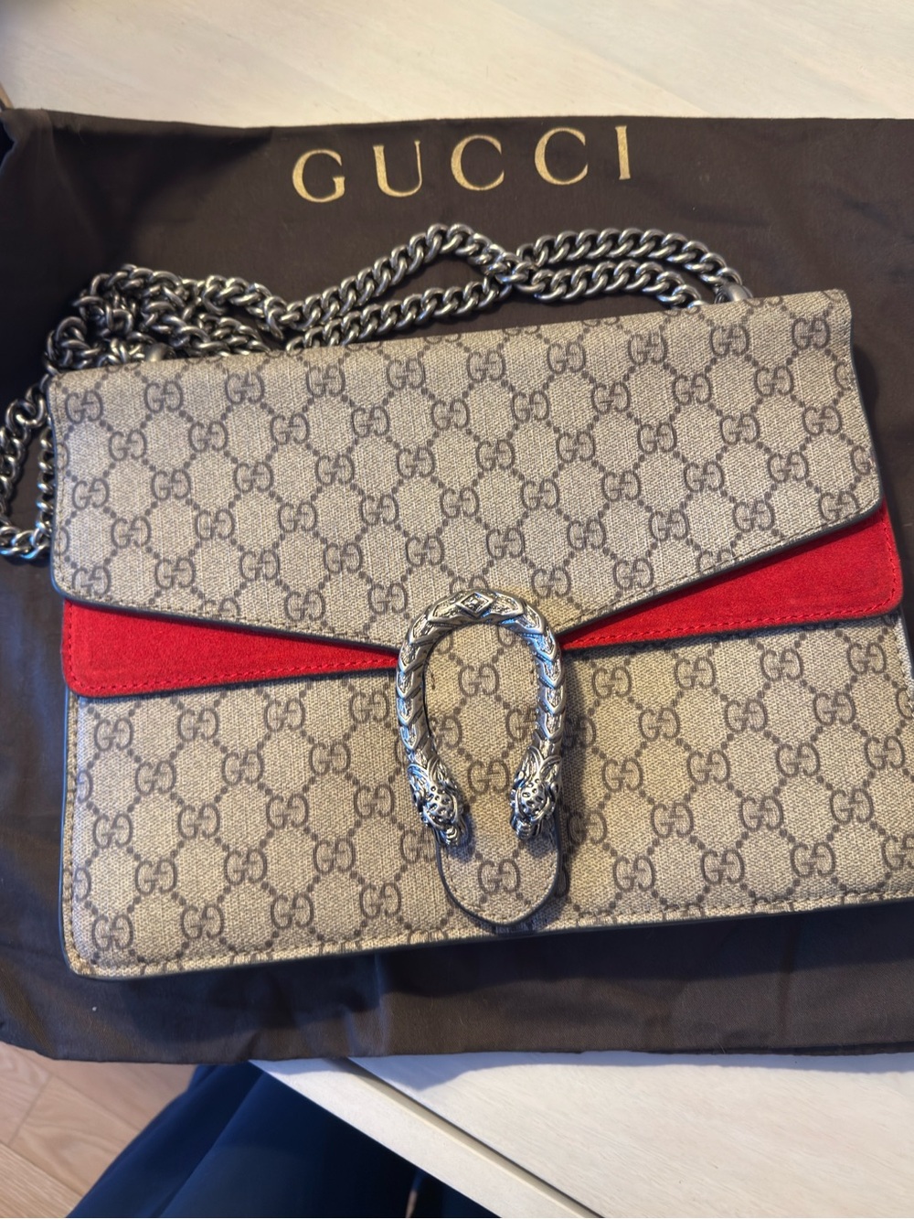 Gucci GG Supreme Shoulder Bag with Red Suede Accent
